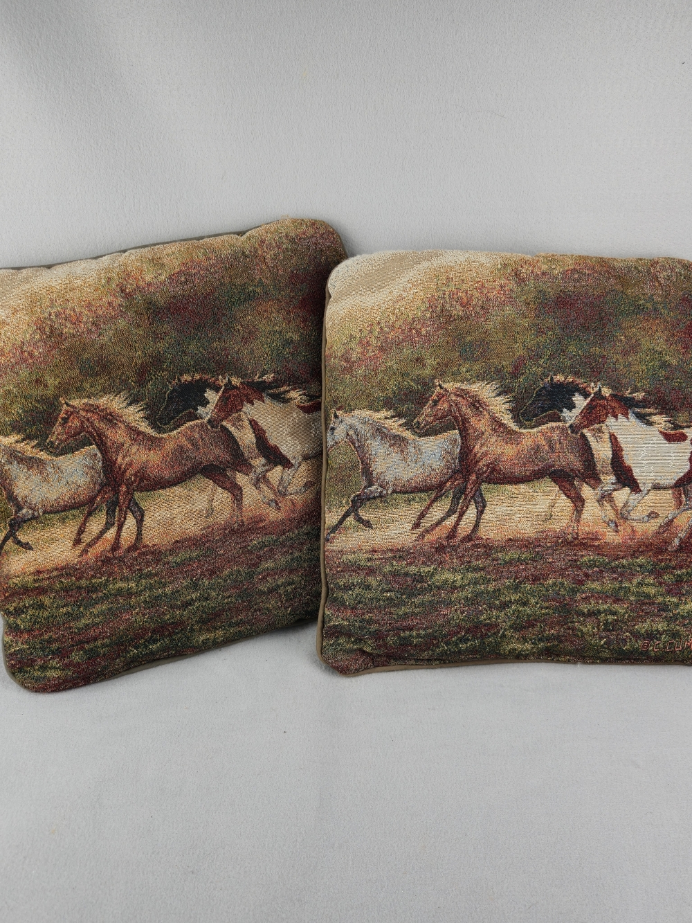 Set of 2 Vintage Double Sided Horse Tapestry Pillows Signed G. Cummings 17x17